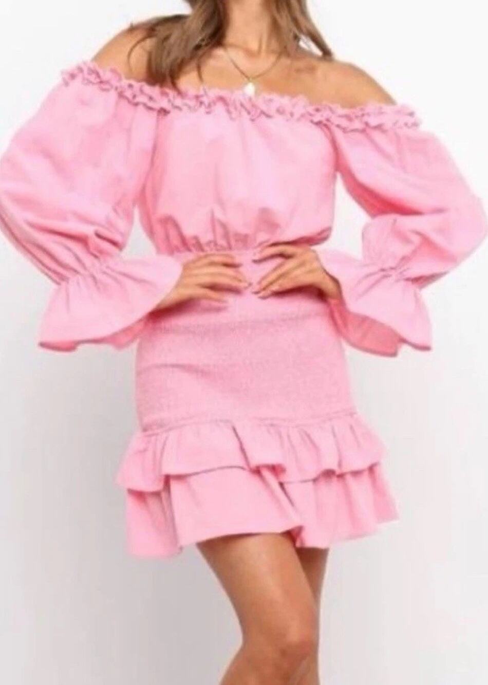 Petal + Pup Women’s XL Pink Off Shoulder Smocked Ruffle Mini Dress NWT